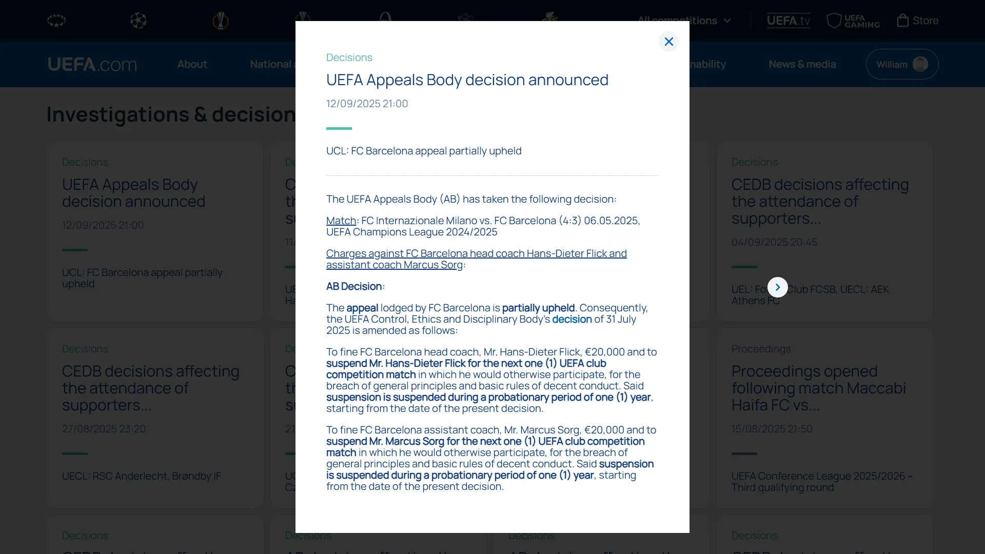 欧足联官方：弗里克的1场欧冠停赛暂缓，可以参加纽卡vs巴萨