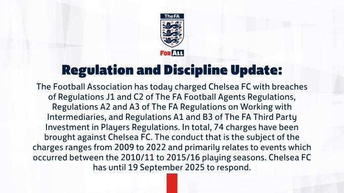 官方:英足总对切尔西提起74项指控,涉及后者09-22年间行为